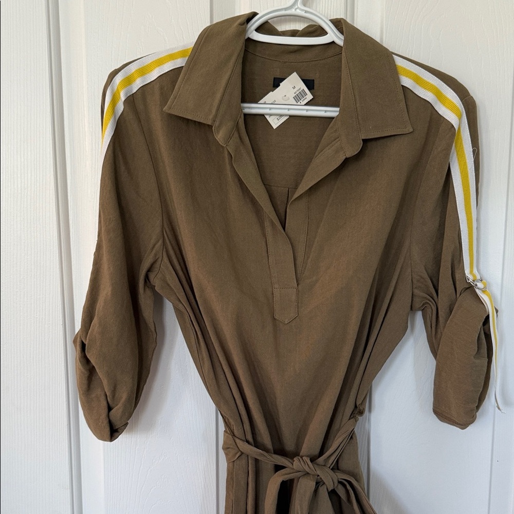 DREW Brown Collared Linen Dress with Yellow Stripes - NWT, M